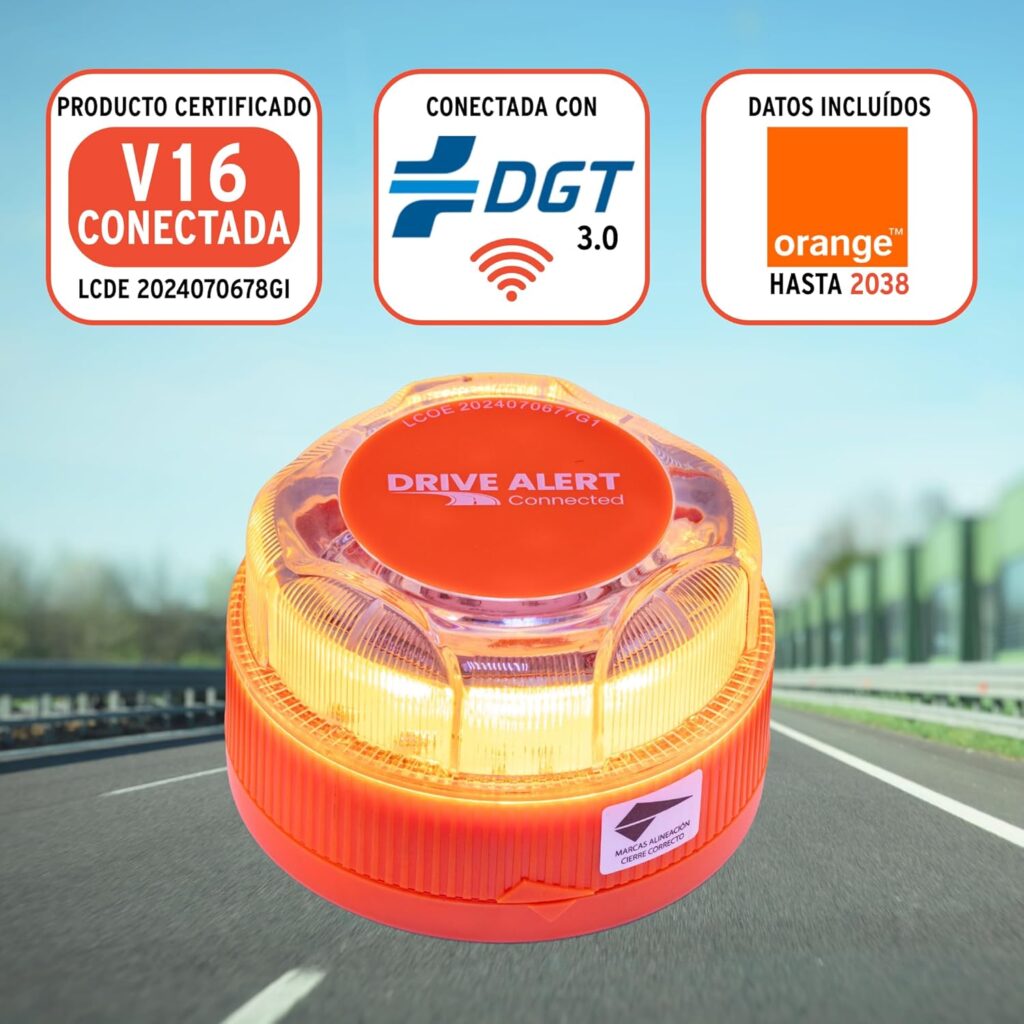 Baliza V16 Homologada DGT con Geolocalización Datos Incluídos hasta 2038 - Apto Coche y Moto - Base Imantada - Resistente a Todo Clima. Uso Sin apps ni móvil