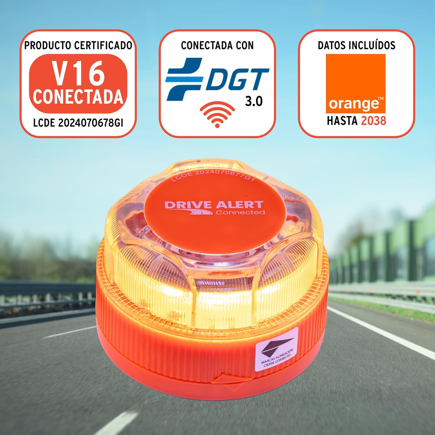 Baliza V16 Homologada DGT con Geolocalización Datos Incluídos hasta 2038 - Apto Coche y Moto - Base Imantada - Resistente a Todo Clima. Uso Sin apps ni móvil