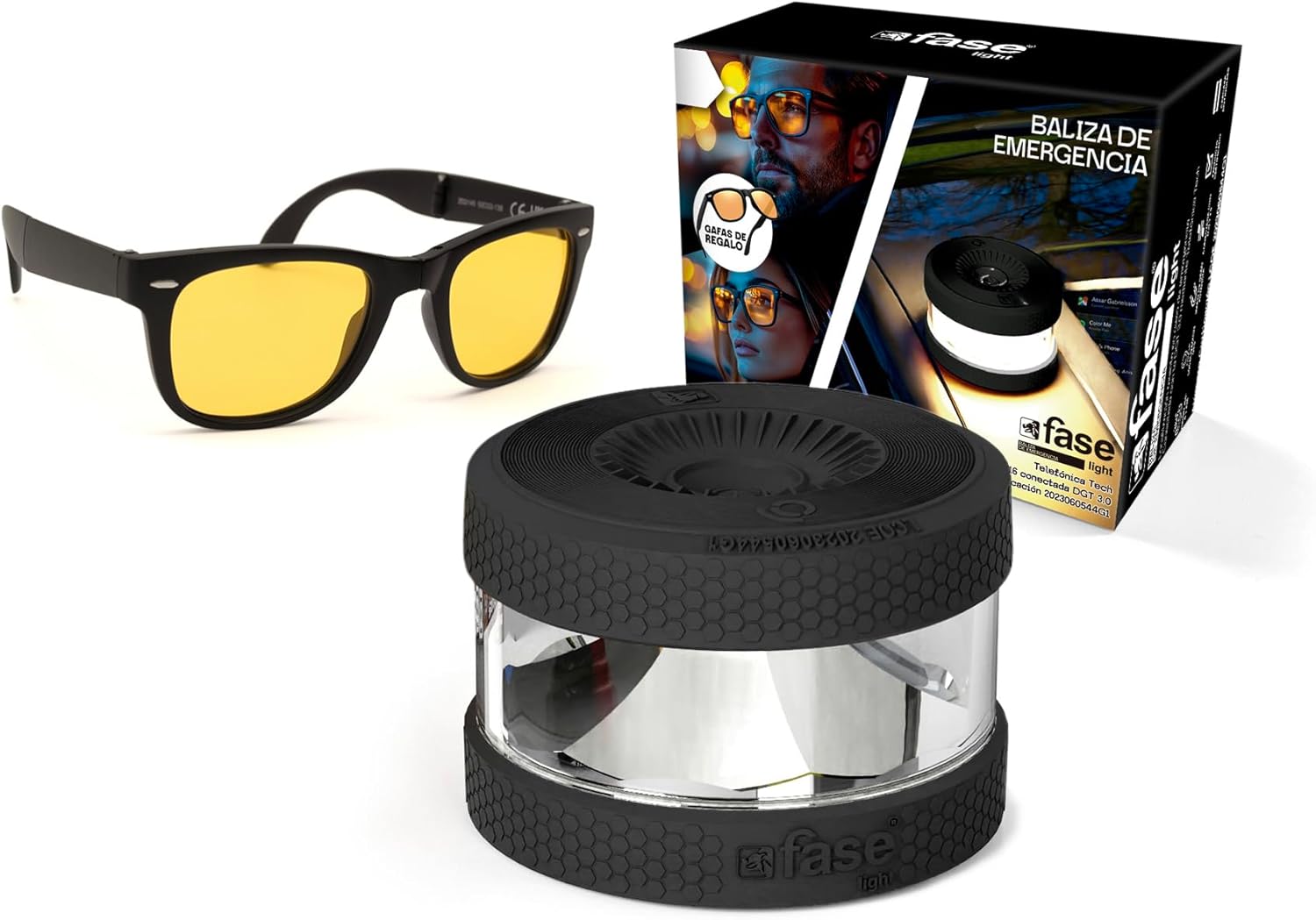 FASE - Baliza v16 Homologada DGT - Incluye Gafas de Conducción Nocturna - APP Incluida - Luz de Emergencia con Geolocalizador - Proporciona Geolocalización a la DGT - Color Negro