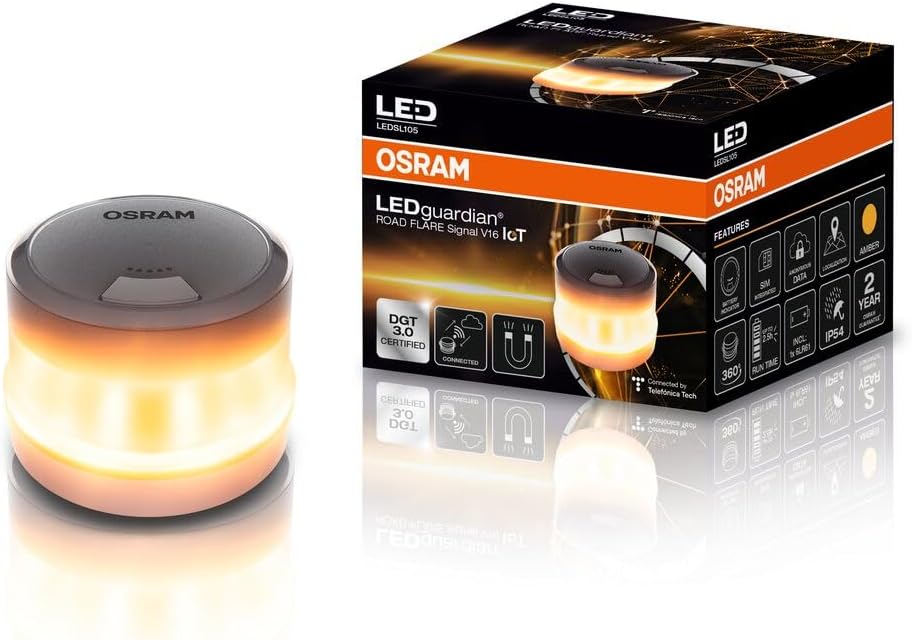 OSRAM LEDguardian Road Flare Signal V16 IoT, luz de Advertencia LED certificada DGT 3.0, Uso obligatorio en España, 1900K, localización en Tiempo Real